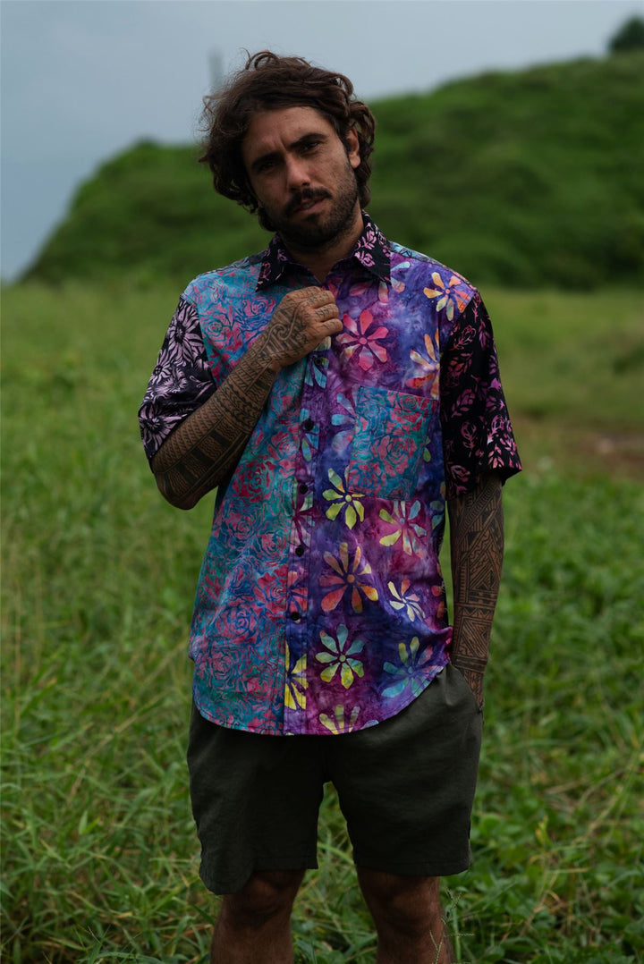 Regular Fit Short Sleeve Shirt - Random Mixed Panel Batik Purple