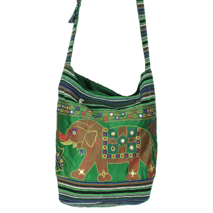 Embroidered Elephant Canvas Sling Shoulder Bag - Green Purple
