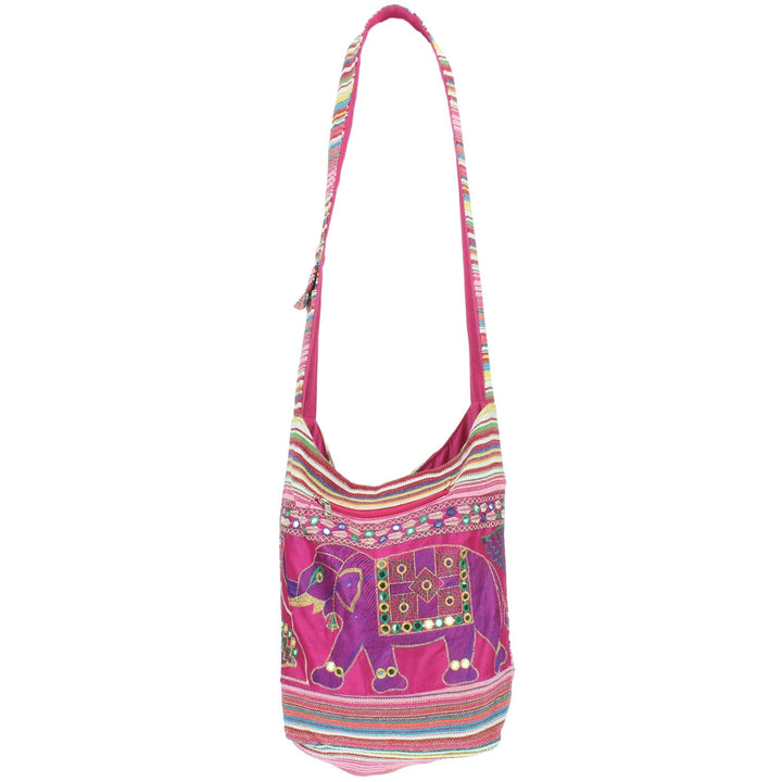 Embroidered Elephant Canvas Sling Shoulder Bag - Pink