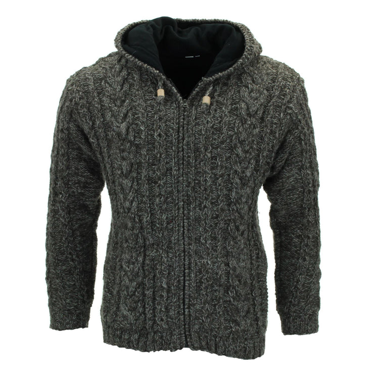 Handmade Wool Cable Knit Hooded Jacket - Brown