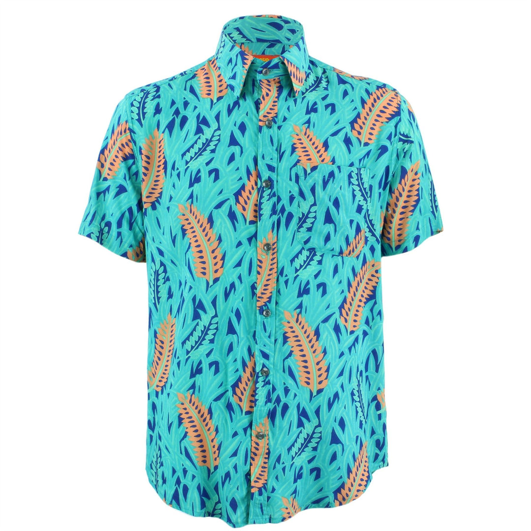 Tailored Fit Short Sleeve Shirt - Salmon Pink Feathers & Turquoise Grass