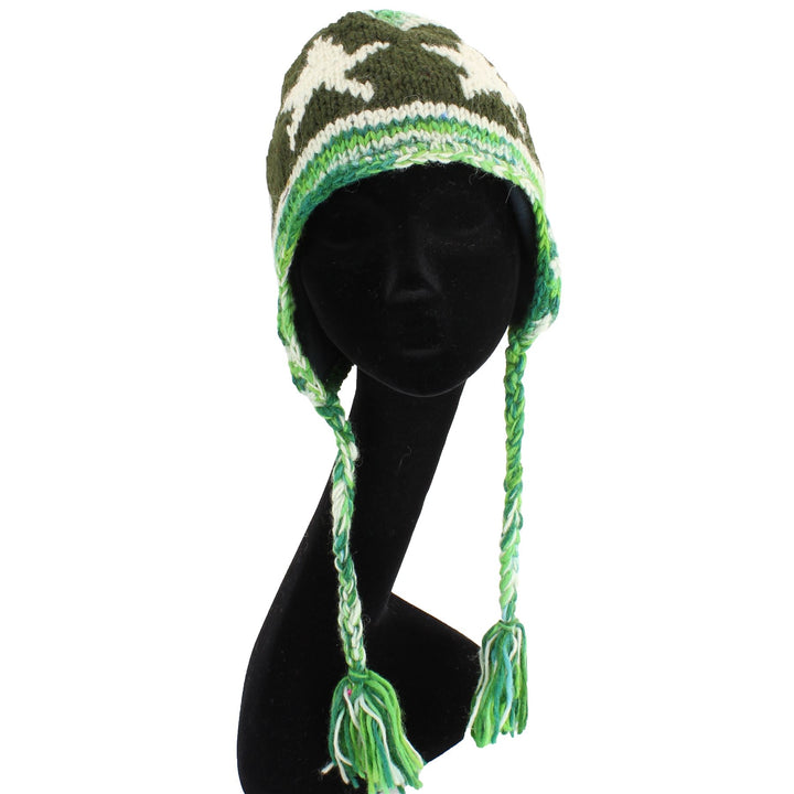 Wool Knit Earflap Tassel Hat - Star Green SD