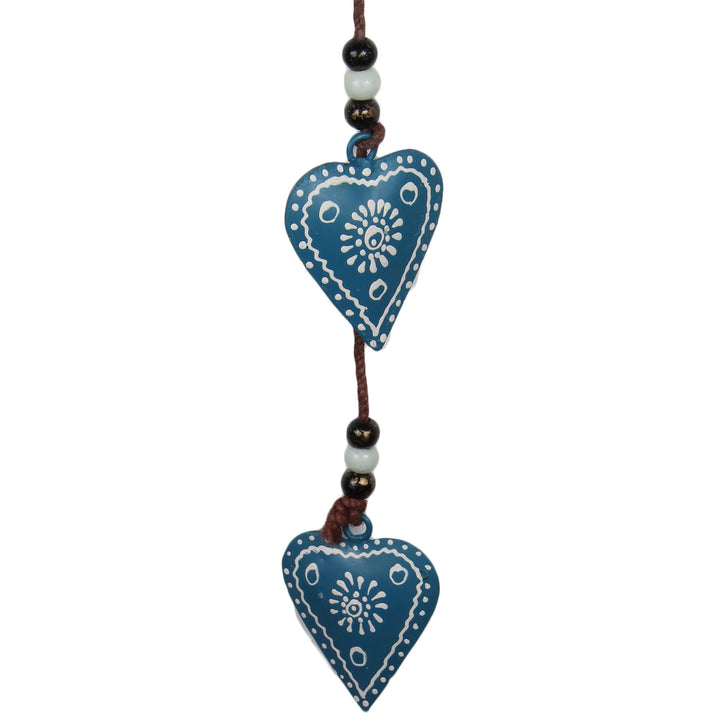 Hanging Mobile Decoration String of Hearts - Teal - Brown String