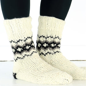 Chaussettes pantoufles en laine tricotées à la main doublées - crème fairisle