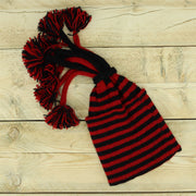 Hand Knitted Beanie Fountain Tassel Hat - Stripe Red Black