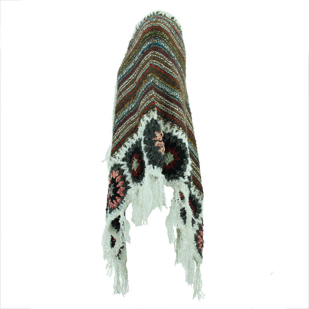 Granny Squares Crochet Poncho Long - Brown Multi/White
