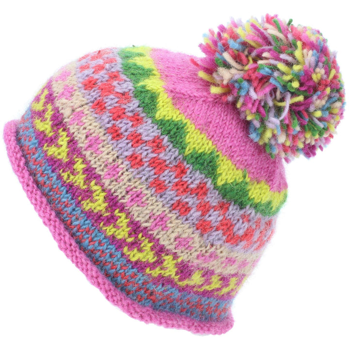Wool Knit Beanie Bobble Hat - Chevron - Pink