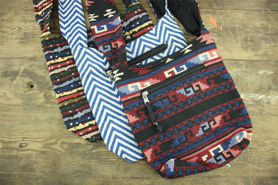 Cotton Canvas Sling Shoulder Bag - Aztec Blue White