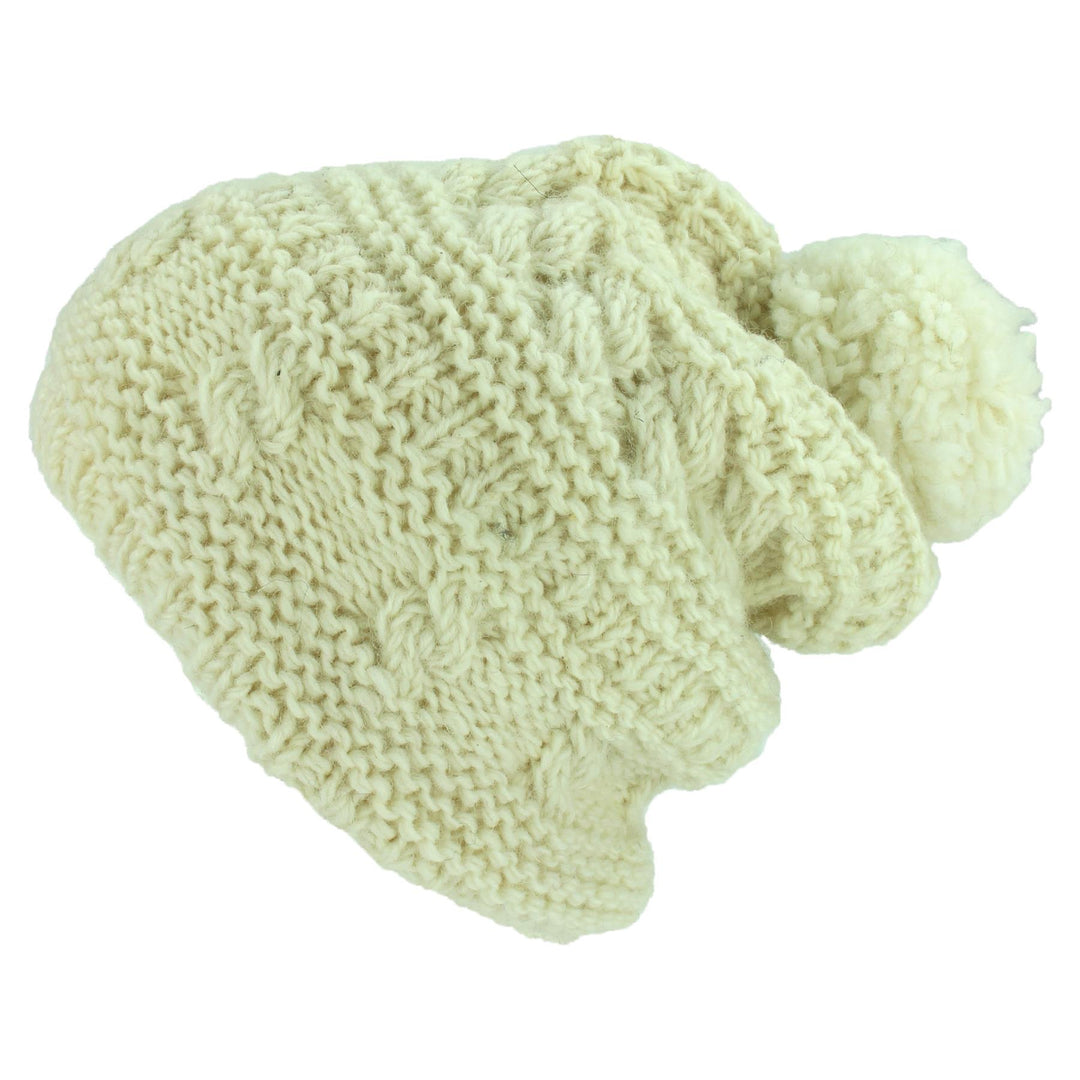 Wool Knit Bobble Beanie Hat - Cream