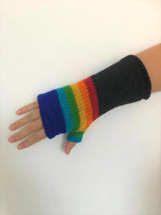 Wool Knit Fleece Lined  Wrist Warmers - Black Rainbow Stripe