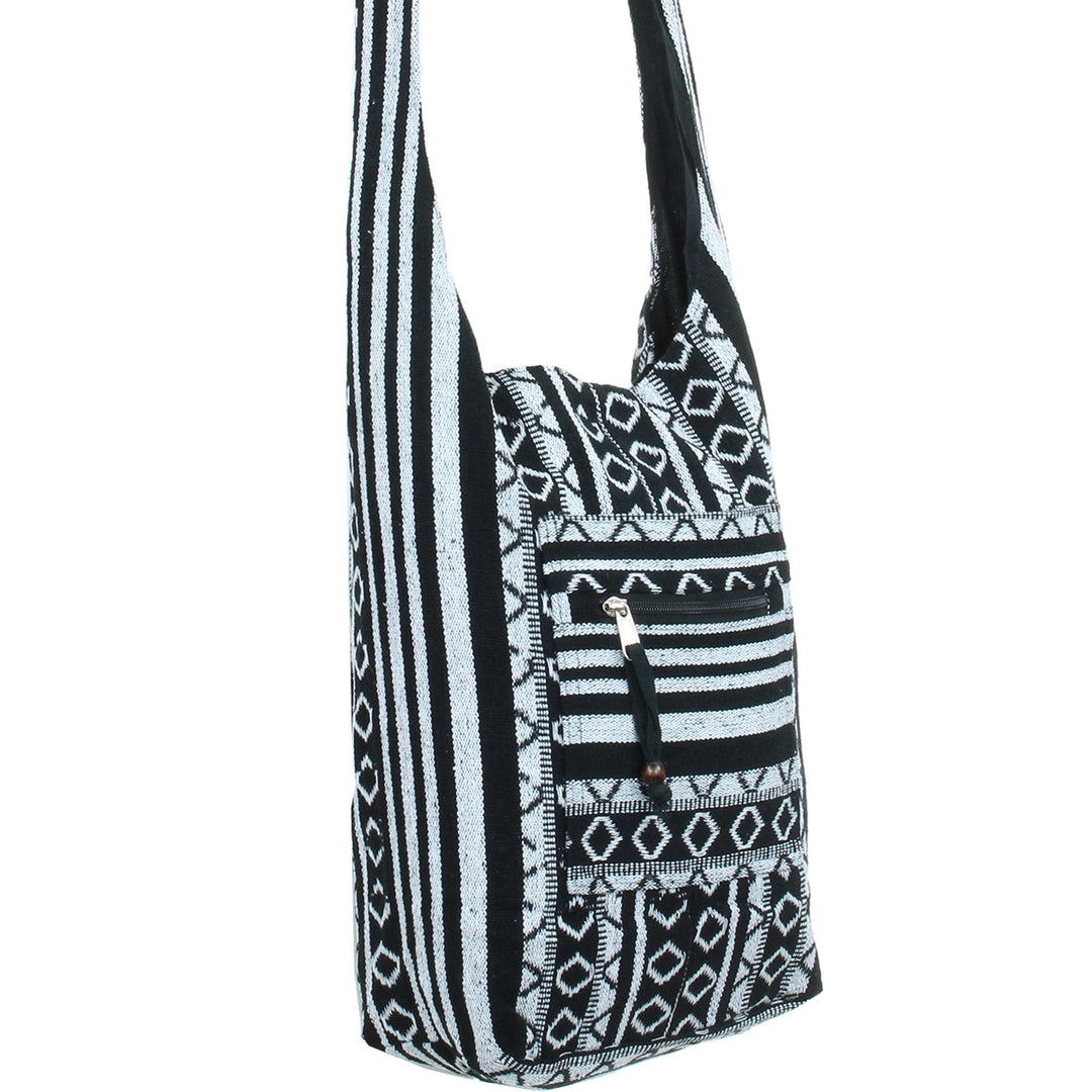Diamond Pattern Canvas Sling Shoulder Bag - Black White