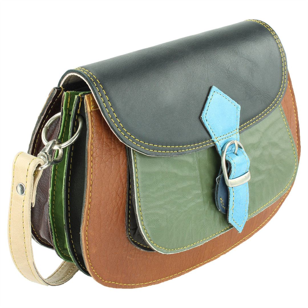 Real Leather Colourful Messenger Shoulder Bag - Green Mix