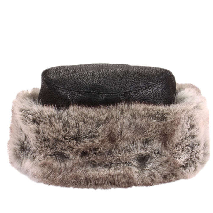 Flat Top Faux Leather Hat with Faux Fur Cuff - Black