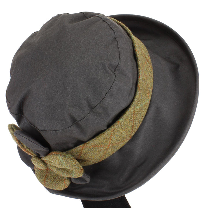 Ladies Wax Hat with Tweed Band and Flower - Olive
