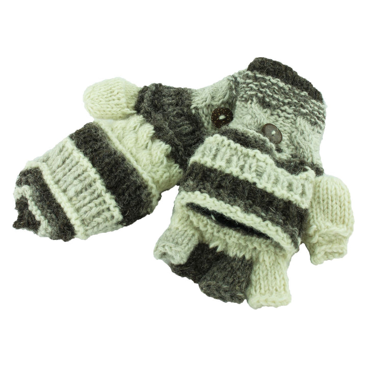 Chunky Wool Fingerless Shooter Gloves - Striped Mixed Knits - Grey Cream