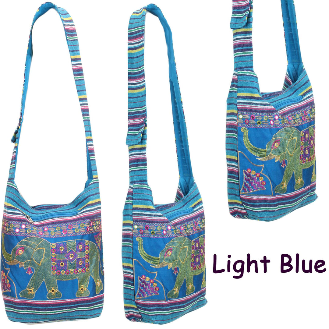 Embroidered Elephant Canvas Sling Shoulder Bag - Light Blue