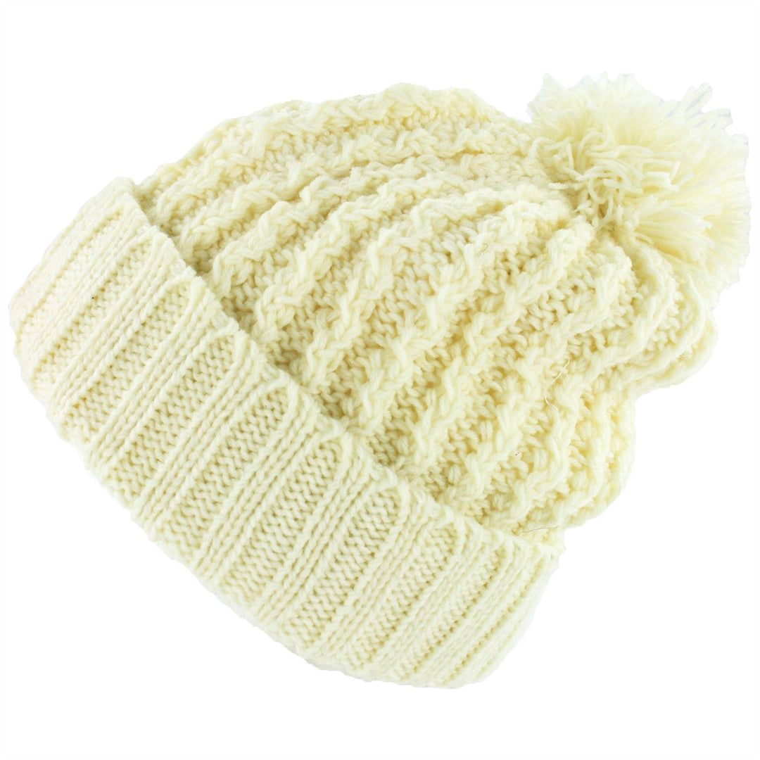 Cable Knit Bobble Beanie Hat - Cream