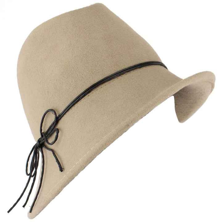 100% Wool felt asymmetric brim trilby hat with cord band - Beige (57cm)