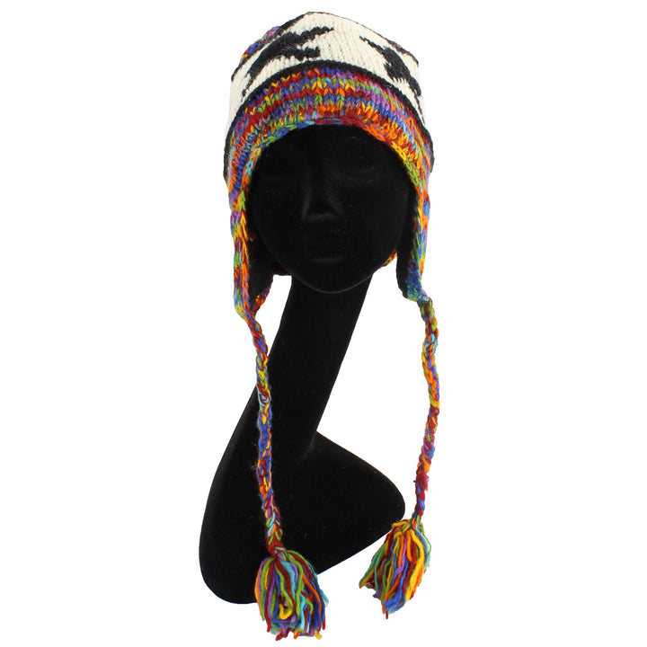 Wool Knit Earflap Tassel Hat - Star Rainbow SD Black