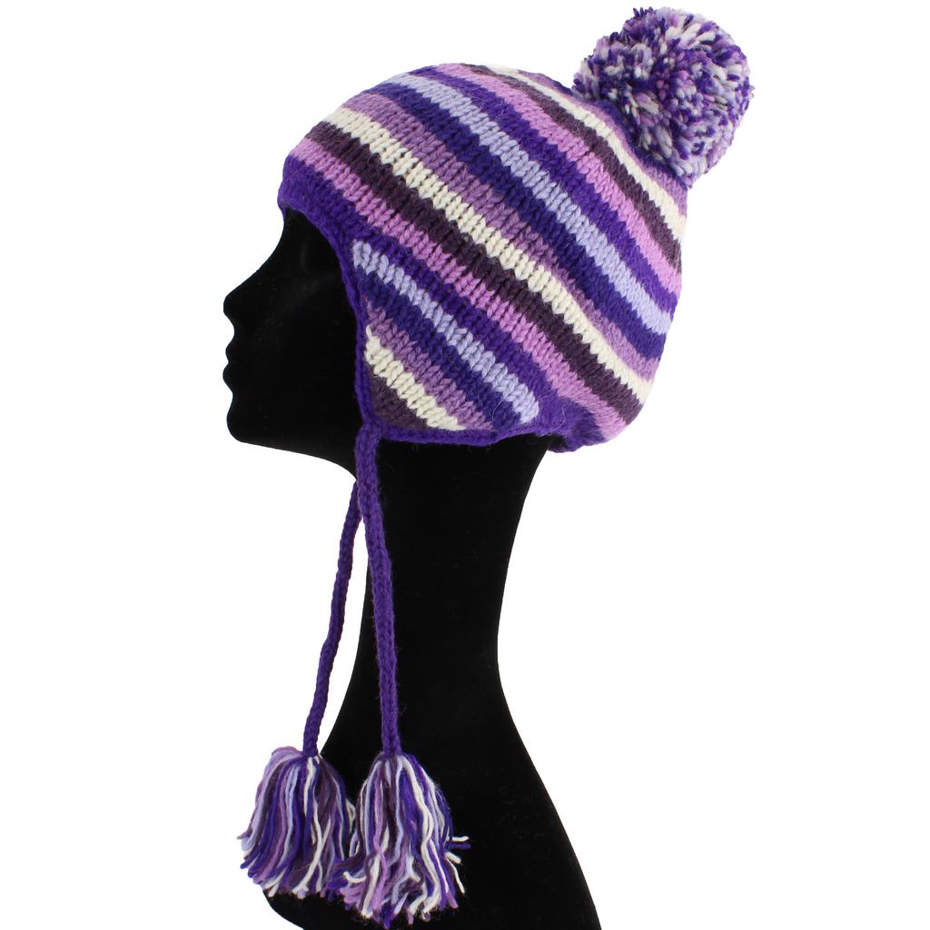 Wool Knit Earflap Bobble Hat - Stripe Purples