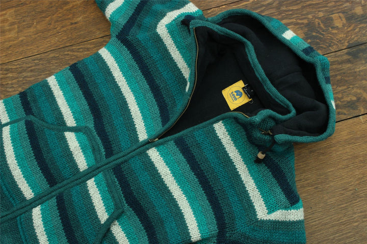 Hand Knitted Wool Hooded Jacket Cardigan - Stripe Teal