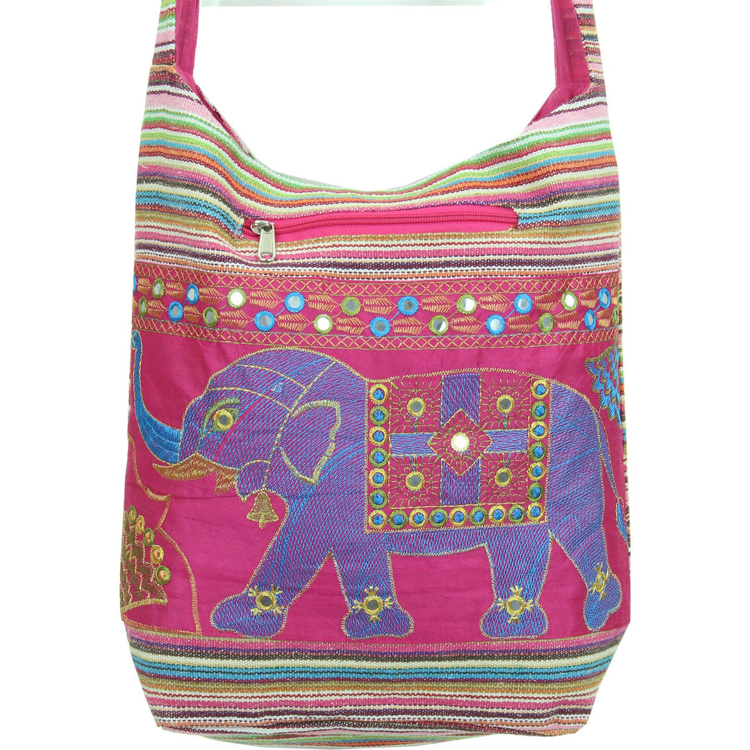 Embroidered Elephant Canvas Sling Shoulder Bag - Pink