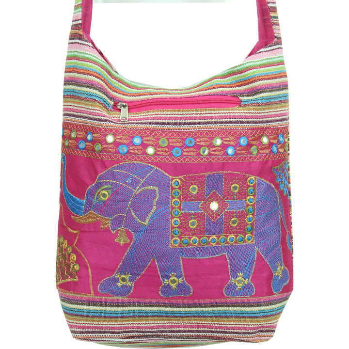 Embroidered Elephant Canvas Sling Shoulder Bag - Pink