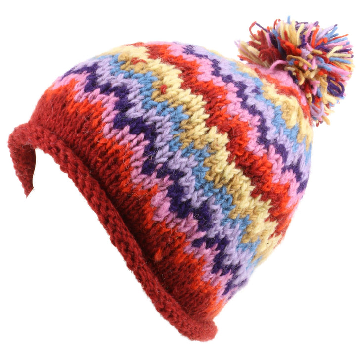 Chunky wool knit 'Zig-Zag' beanie bobble hat - Multicoloured