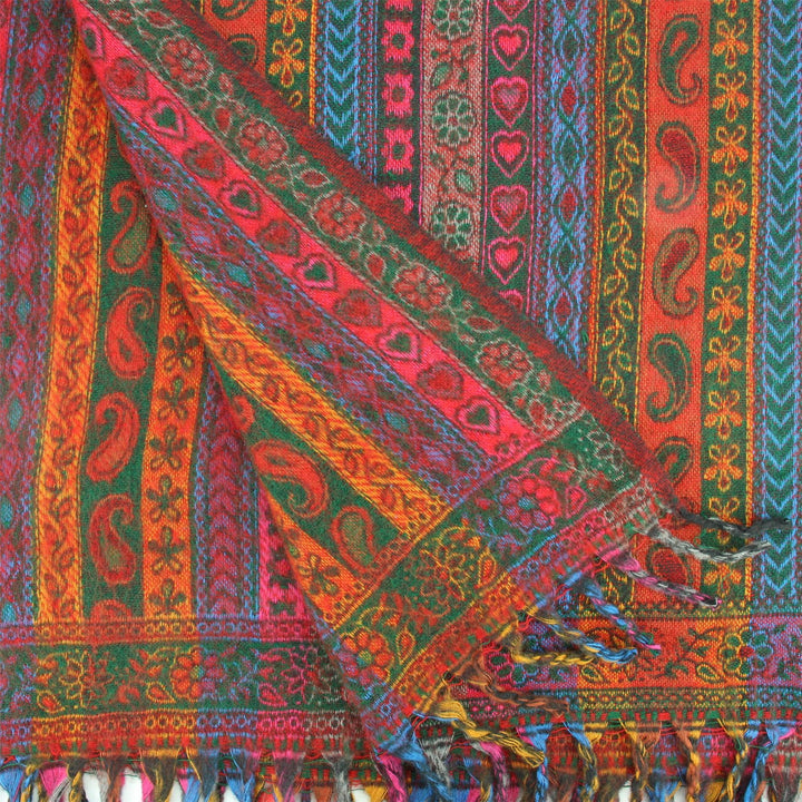 Acrylic Wool Shawl Blanket - Stripe - Red & Green