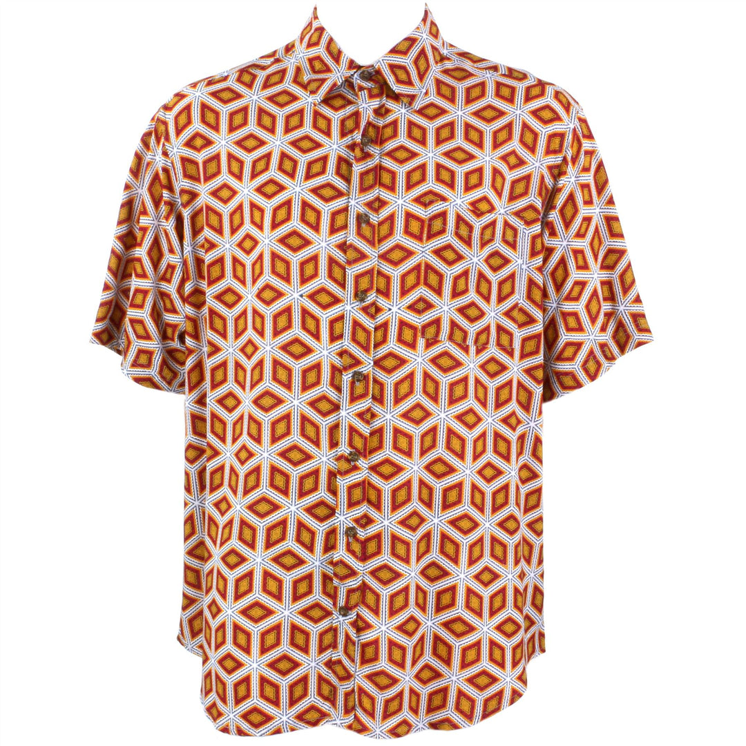 Regular Fit Short Sleeve Shirt - Orange & Red Abstract Diamonds