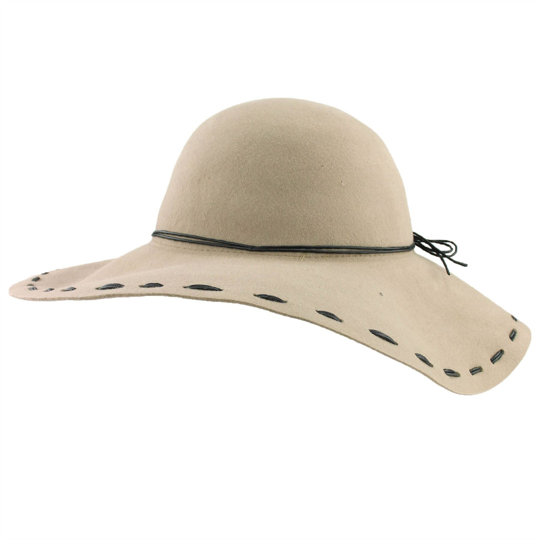 100% Wool felt wide brim floppy hat with cord band - Beige (57cm)