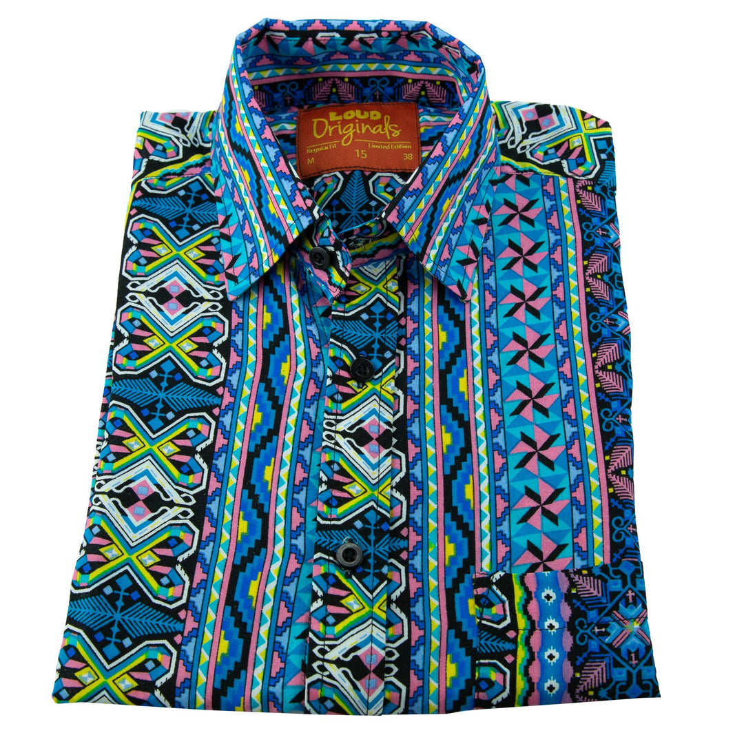 Regular Fit Long Sleeve Shirt - Geometric Aztec - Blue