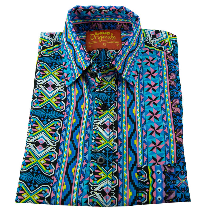 Regular Fit Long Sleeve Shirt - Geometric Aztec - Blue