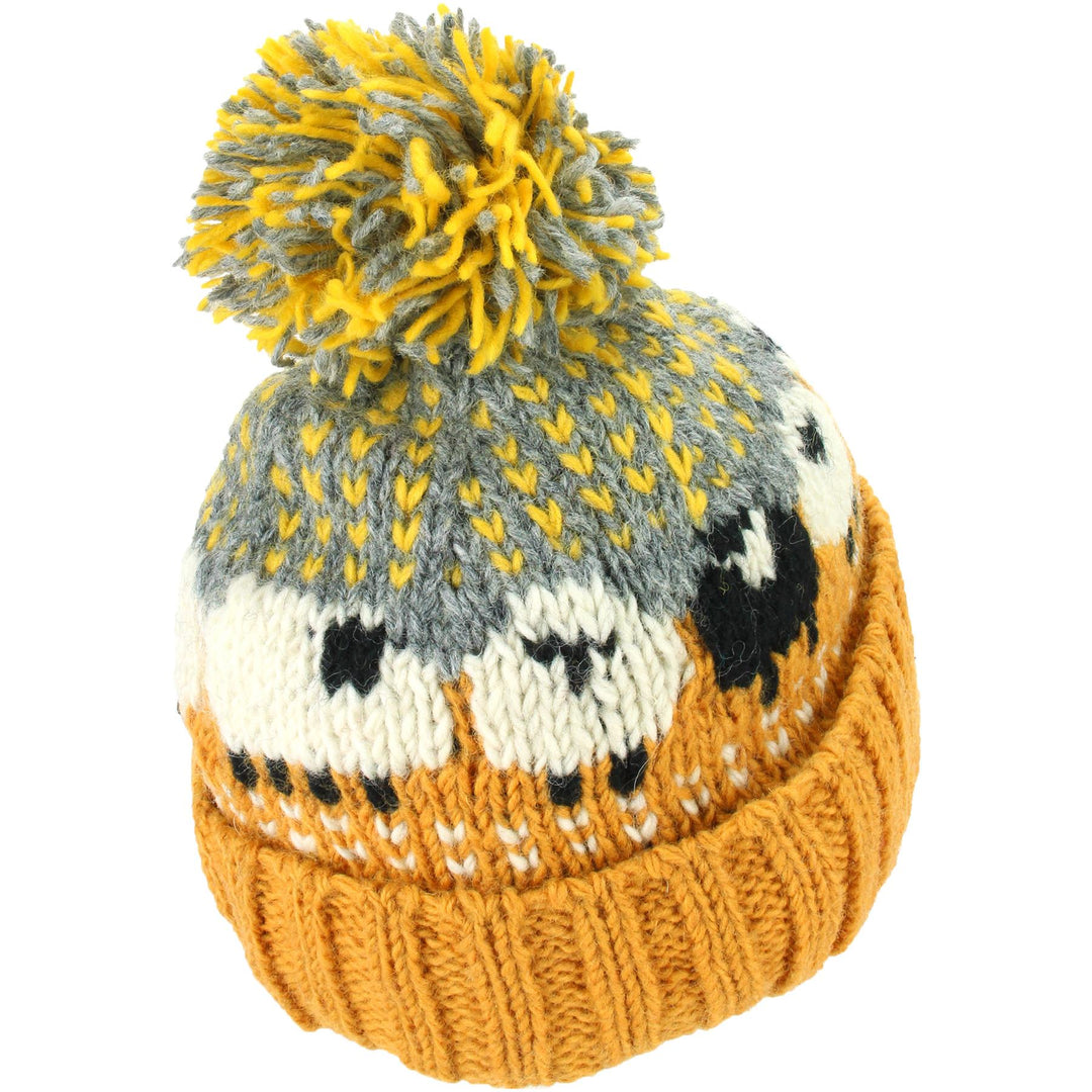 Wool Knit Bobble Beanie Hat - Sheep - Orange