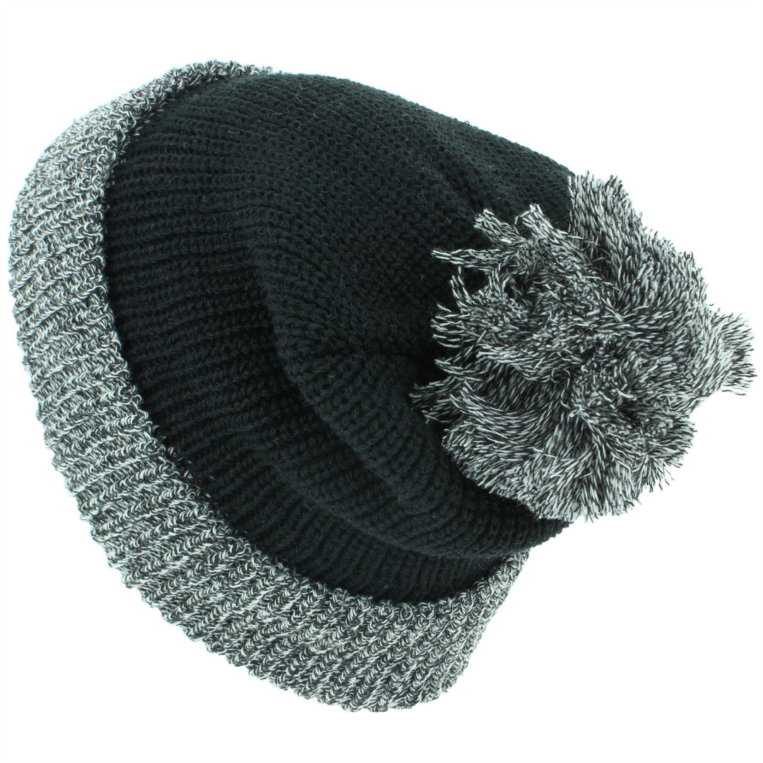 Chunky Double Knit Beanie Hat with Contrast Marl Bobble and Turn-up - Black