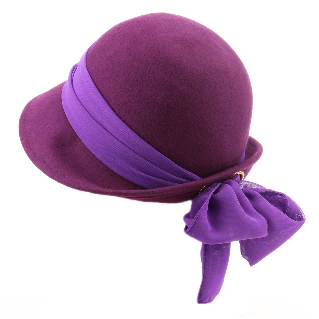 Wool felt cloche hat with wide chiffon band and bow - Purple (57cm)