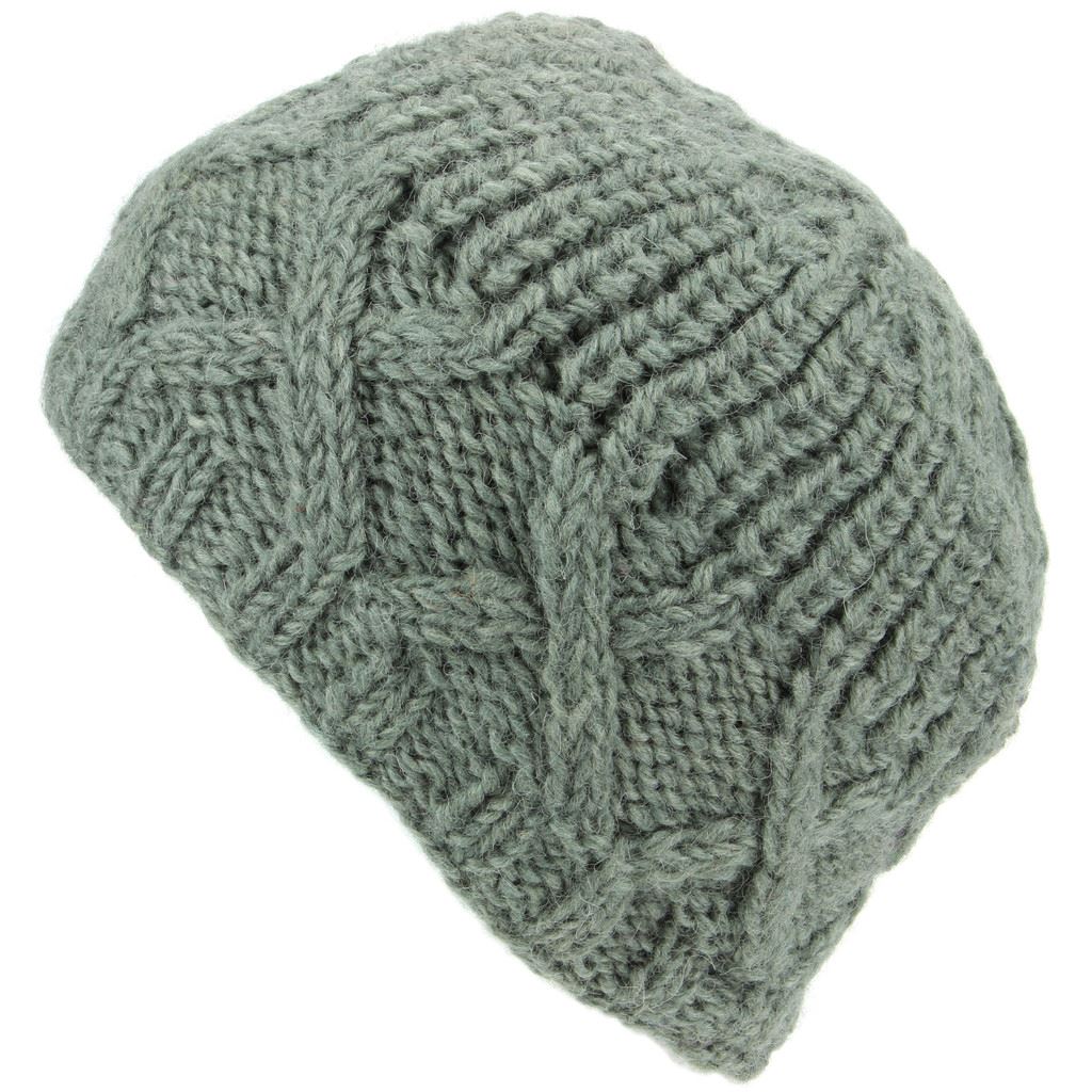 Wool Beanie Hat with Chunky Cross Cable Knit Design