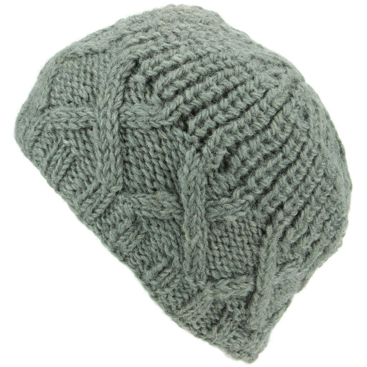 Wool Beanie Hat with Chunky Cross Cable Knit Design
