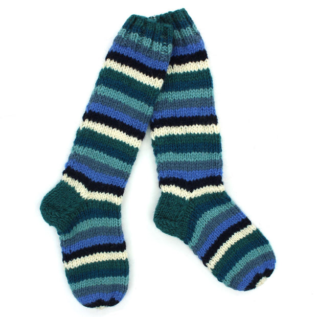 Hand Knitted Wool Long Socks - Stripe Blue White