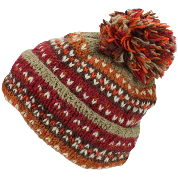Chunky Wool Knit Baggy Slouch Beanie Bobble Hat - Rusty Brown