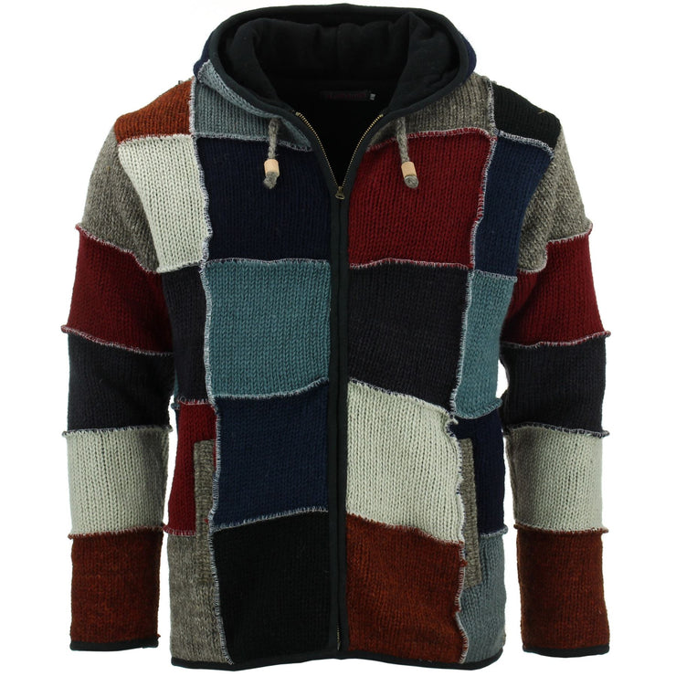 Wool Knit Patchwork Hooded Jacket - Maroon