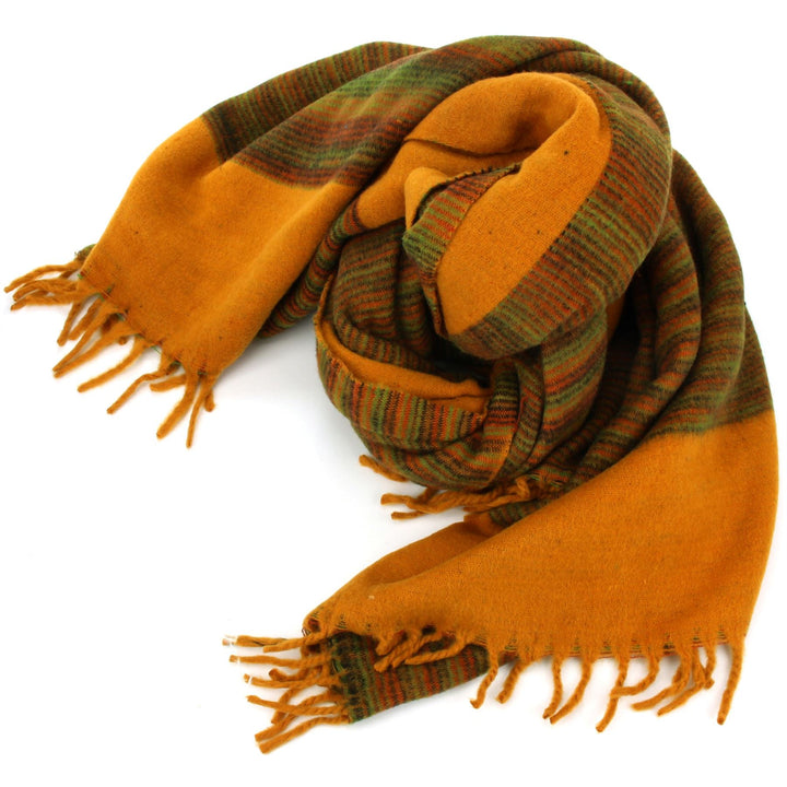 Tibetan Wool Blend Shawl Blanket - Mustard with Orange & Green Reverse