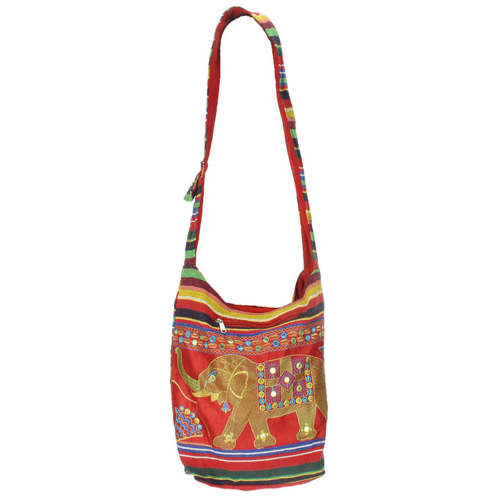 Embroidered Elephant Canvas Sling Shoulder Bag - Red
