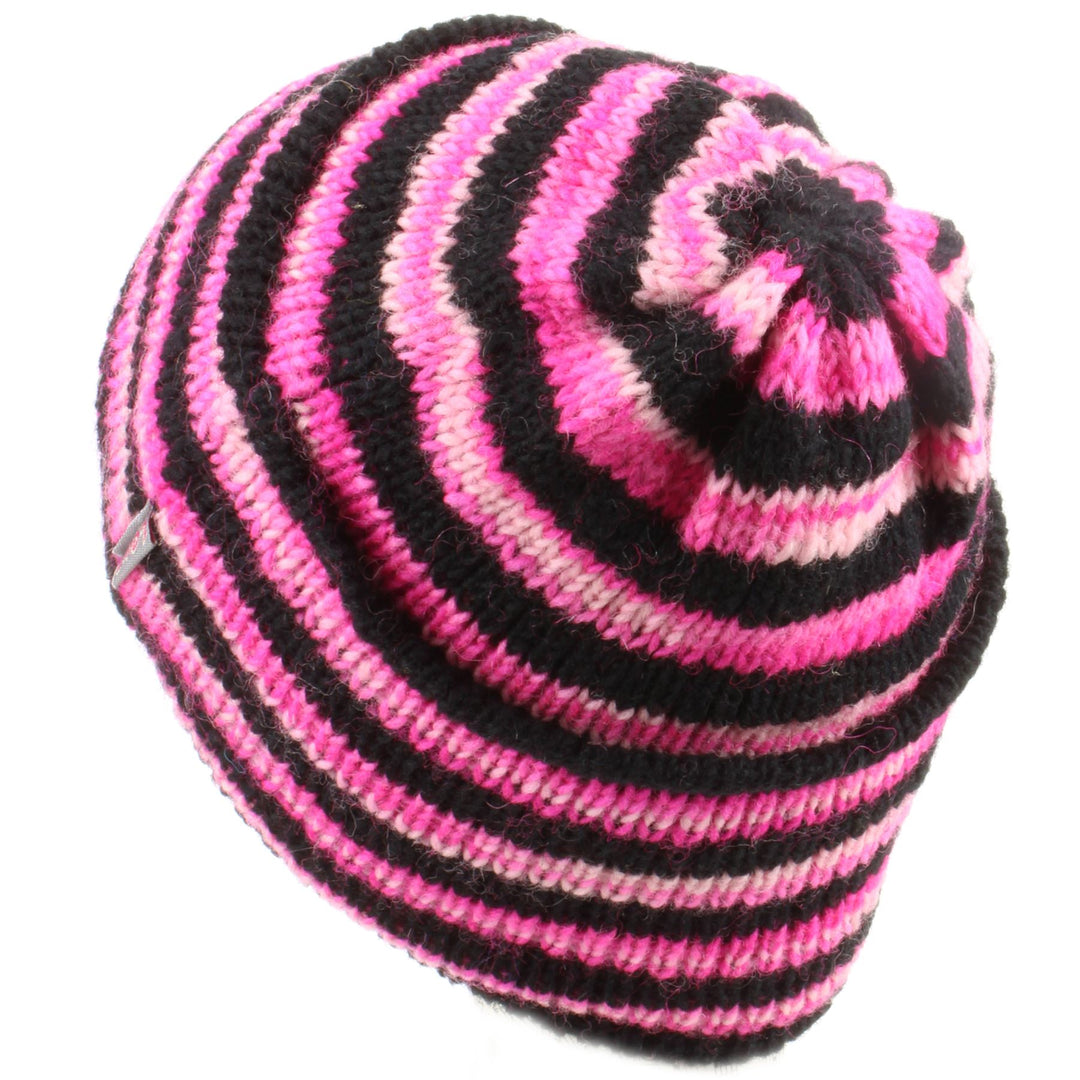 Wool Knit Ridge Beanie Hat with Fleece Lining - Black & Pink Space Dye