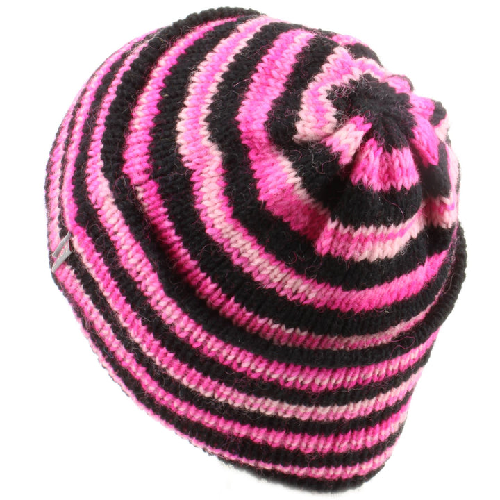 Wool Knit Ridge Beanie Hat with Fleece Lining - Black & Pink Space Dye