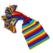 Hand Knitted Beanie Fountain Tassel Hat - Stripe Bright Rainbow