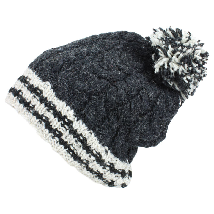 Chunky Wool Cable Knit Big Baggy Slouch Beanie Bobble Hat with Striped Brim - Charcoal