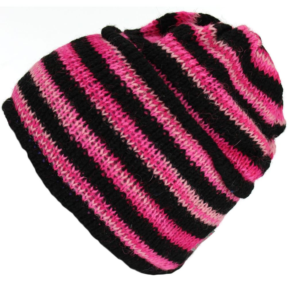 Wool Knit Ridge Beanie Hat with Fleece Lining - Black & Pink Space Dye