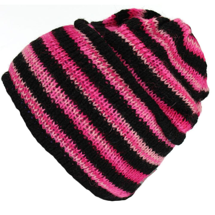 Wool Knit Ridge Beanie Hat with Fleece Lining - Black & Pink Space Dye