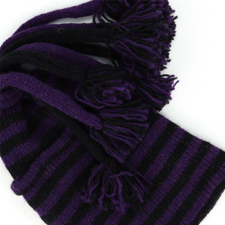 Hand Knitted Beanie Fountain Tassel Hat - Stripe Purple Black